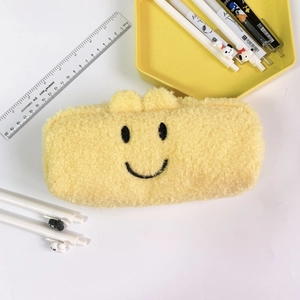 Cute Smiley Face Plush Pencil Case Soft Fleece Large Capacity Pen Pouch For Students Office School Stationery Organizer