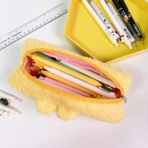 Cute lemon yellow plush pencil case for students featuring a soft furry texture and large capacity