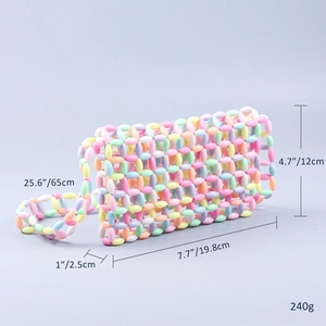 Detailed dimensions of the colorful beaded acrylic crossbody bag with strap measurements