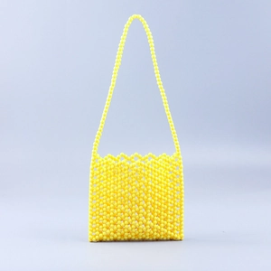 Handmade hollow yellow acrylic beaded square shoulder bag with long pearl strap