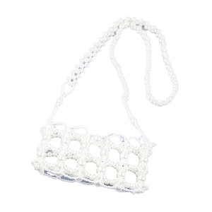 Elegant white handmade faux pearl woven crossbody bag with vintage hollow lattice design