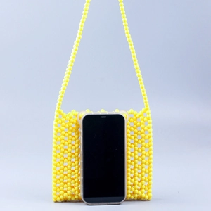 Handmade yellow acrylic beaded crossbody bag with shoulder strap for smartphone