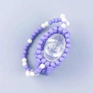 Handmade checkered beaded handbag in macaron colors with purple beads and central crystal charm
