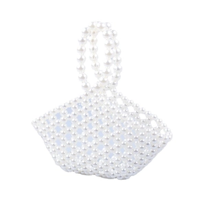 Exquisite handmade white pearl beaded mini bucket handbag with intricate openwork weave