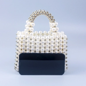 Mini pearl and gold bead handmade handbag with vintage French style and pearl handle