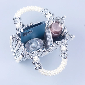 Handmade beaded handbag with silver acrylic beads and pearls in square shape