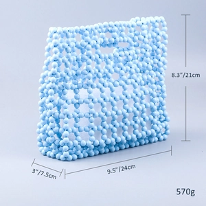Blue acrylic beaded handbag dimensions showing 24x21x7.5cm with 570g weight detail