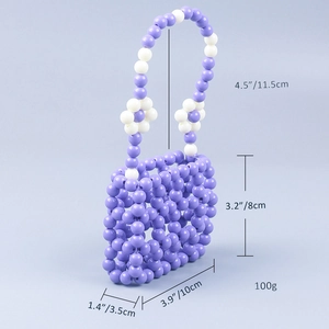 Detailed view of purple beaded mini bag with floral handle and precise size measurements