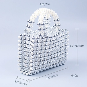 Detailed size chart showing dimensions for the handmade beaded pearl handbag