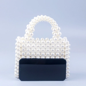 Handmade woven pearl beaded mini handbag with top handle for women evening party