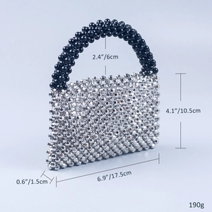 Detail showing dimensions of silver beaded square handbag with black beaded top handle