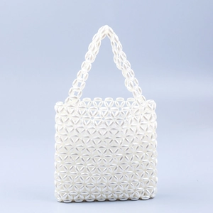 White pearl beaded handmade tote bag with triangle hollow woven pattern for chic women