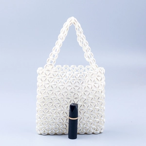 White pearl beaded handbag with handmade hollow woven texture and square handle design