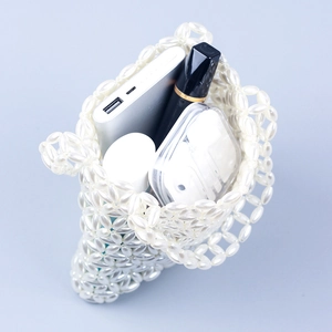 Minimalist handmade pearl beaded handbag with internal storage for phone and lipstick