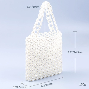 White beaded tote bag with size markers 16cm x 14.5cm and 10cm handle height