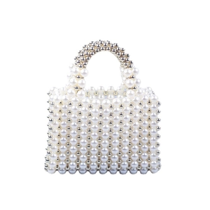 French retro pearl beaded handbag with silver metal bead accents and round handle