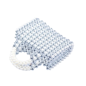 Silver beaded handbag with white pearls and square structured handmade design
