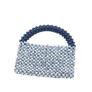 Handmade beaded square handbag with silver metallic beads and black beaded top handle