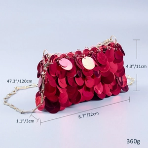 Detailed view of red sequin clutch bag with dimensions 22x11x3cm and gold chain