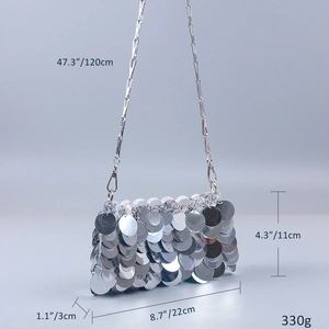 Silver sequin clutch bag detail showing dimensions 22x11x3cm and detachable chain strap