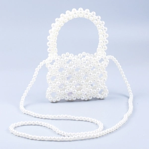 Elegant white faux pearl beaded square handbag with handle and long shoulder strap