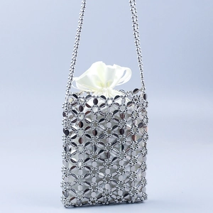 Silver beaded acrylic flower handbag with white satin drawstring liner for women