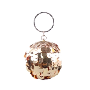 Golden spherical evening clutch bag with sequins and rhinestone metal ring handle
