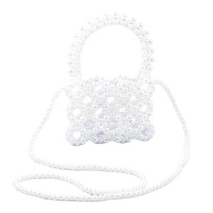 Elegant white beaded pearl crossbody bag with top handle and strap for women's wedding party