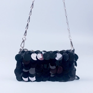 Silver glitter sequin evening clutch bag with metallic chain strap for parties