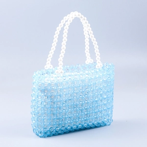 Handmade light blue acrylic beaded handbag with white pearl handles and gradient finish