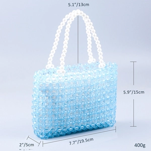 Detail view of handmade beaded tote with blue acrylic beads and pearl handle measurements