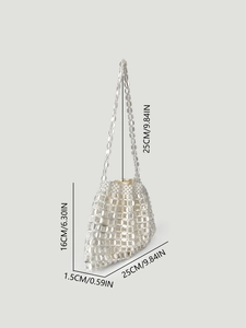 Detail of silver beaded dumpling bag with metallic disc texture and size dimensions