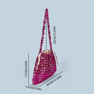 Detailed size specifications for fuchsia beaded tote bag with internal drawstring pouch