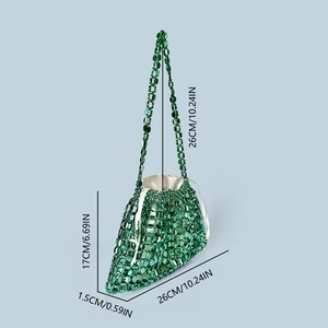 Green sequined woven shoulder bag with dimensions 26cm x 17cm and silk drawstring liner