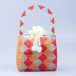 Detailed handmade beaded tote bag with red and orange crystal diamond pattern and pearl charm