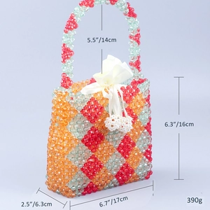 Detailed size dimensions for hand-woven beaded tote with red, orange, and green diamond pattern