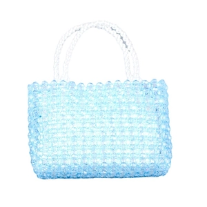 Handmade light blue acrylic beaded tote bag with white woven handles in a square shape