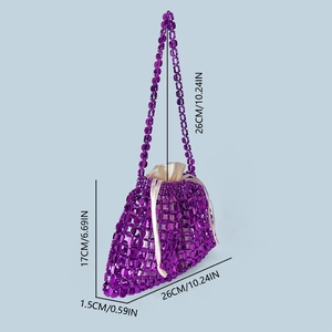 Detailed size chart for purple beaded handbag with strap and satin lining measurements
