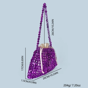 Close-up of purple sequin woven bag with cream drawstring liner and dimensions info