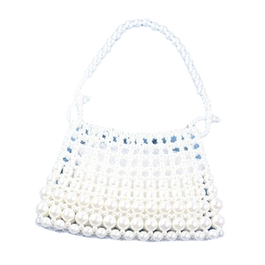 Handgefertigte weiße Perlenhandtasche mit blauem Innenfutter und elegantem Griff