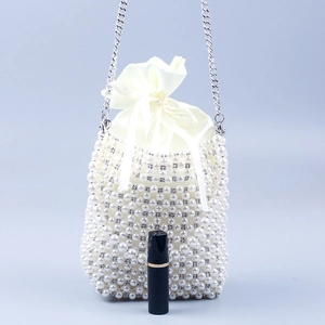 Mini pearl and silver bead woven handbag with satin pouch and metal chain strap