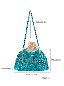 Detailed size guide of peacock blue sequin woven handbag with gold drawstring lining