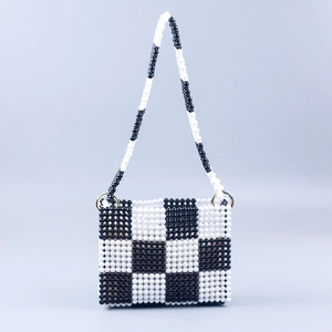 Handmade Beaded Checkerboard Shoulder Bag Vintage Acrylic Square Crossbody Bag Black And White Handwoven Fashion Women Tote