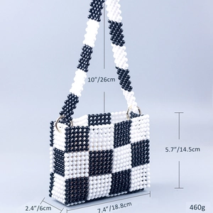 Detailed size specifications of the black and white checkered beaded shoulder handbag