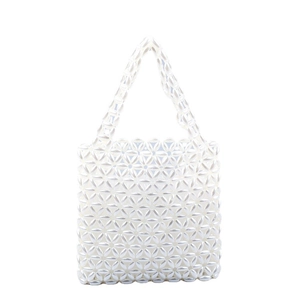 Minimalist handmade white acrylic pearl beaded tote bag with hollow woven design for women
