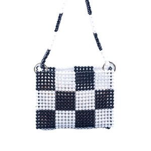 Handmade checkered beaded crossbody bag with black and white grid patterns for women