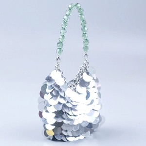 Silver sequin handbag with green beaded handle for party and evening dinner events