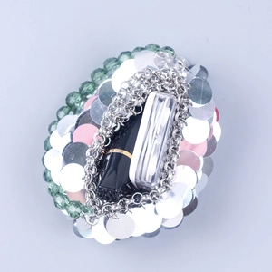 Handmade silver sequin acrylic evening bag with metal chain for parties and banquets