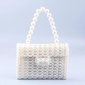 Handmade Faux Artificial Pearl Beaded Handbag For Women Vintage Woven Flap Top Handle Bag Elegant Evening Wedding Party Purse