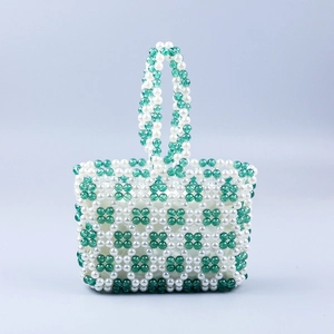 Handmade Beaded Handbag Acrylic Artificial Pearl Green White Hollow Patchwork Square Woven Retro Fashion Tote For Women